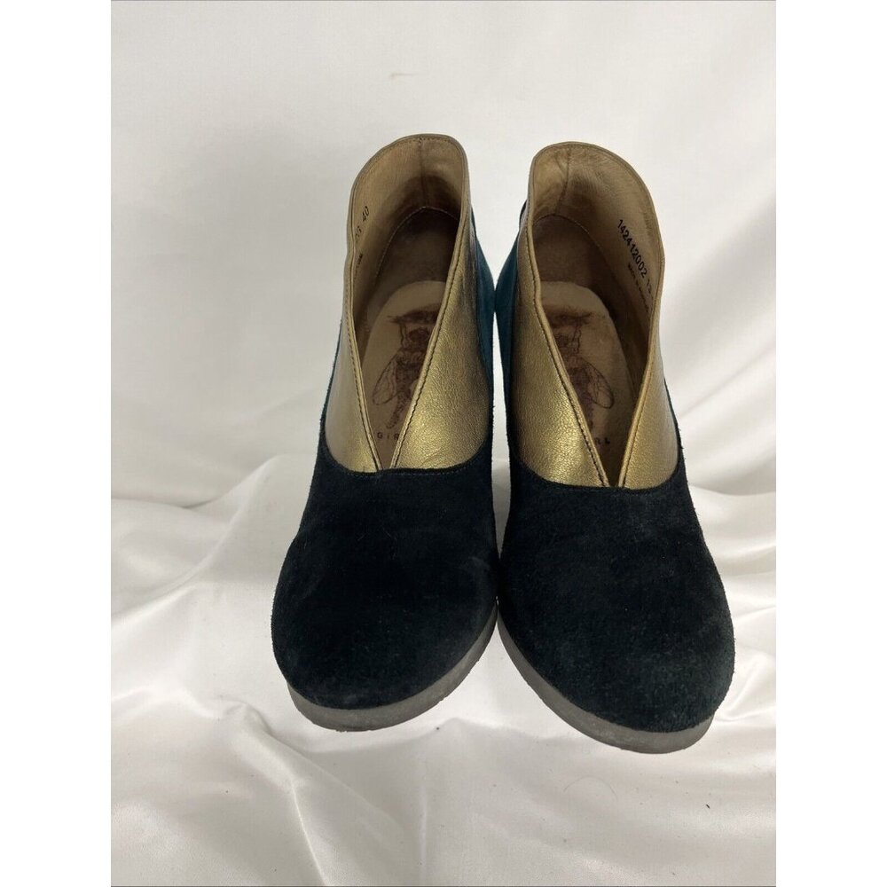 Fly London Teal, Black & Metallic Gold Suede Wedge Booties - Picture 4 of 11